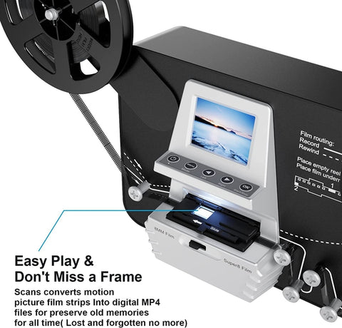 EU 8mm & Super 8 Film to Digital Converter, Film Scanner Digitizer with 2.4" Screen, Convert 3” 5” 7” 9” Reels into 1080P Digital MP4 Files,Sharing & Saving on 32GB SD Card AM77