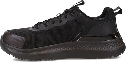 Black athletic shoe with a textured sole on a white background
