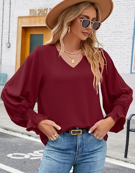 Vince Camuto Women's Burgundy V-Neck Blouson Sleeve Blouse |Vince Camuto In Lebanon