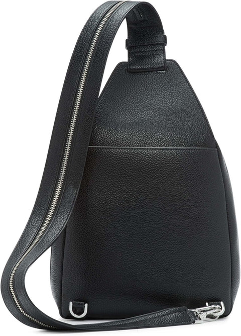 Black leather sling bag on a white background