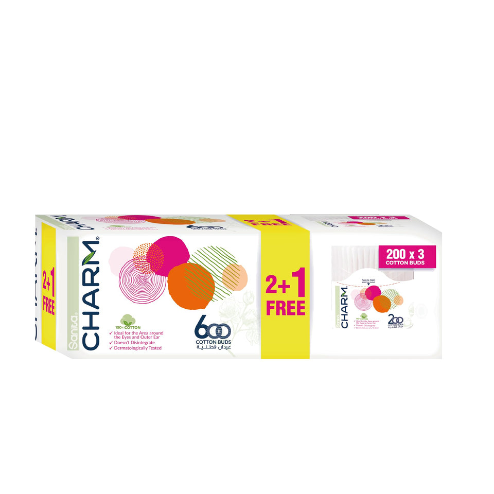 Packaging for Sanita Charm Cotton Buds, showing three boxes with the text '2+1 FREE' and '600 pieces' indicating a promotional offer, with colorful circle graphics.
