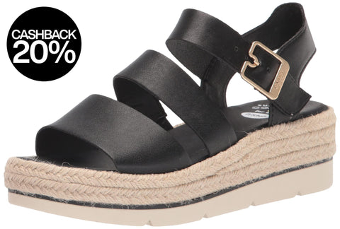 Black wedge sandal with a braided sole on a white background