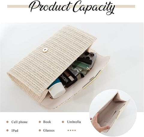 Beige clutch bag with compartments for phone, book, umbrella, and iPad on a white background.