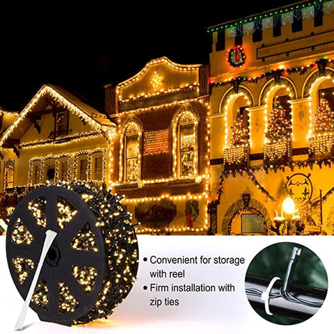 EU 25M-50M 1000LED Christmas Tree Lights Outdoor/Indoor, Green Wire Christmas String Lights Plug in, Ultra Bright 8 Modes Waterproof Twinkle Lights for Xmas Tree Party Wedding Decoration, Warm White AM113