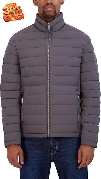 Nautica Men's Grey Reversible Quilted Puffer Midweight Mechanical Stretch Jacket | Nautica in Lebanon