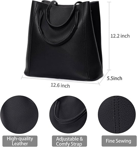 Black handbag with measurements and quality features highlighted on a white background