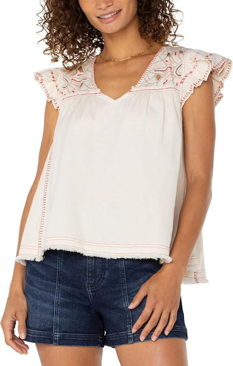 Liverpool Women's White Flutter Sleeve V-Neck Woven Blouse | Liverpool In Lebanon