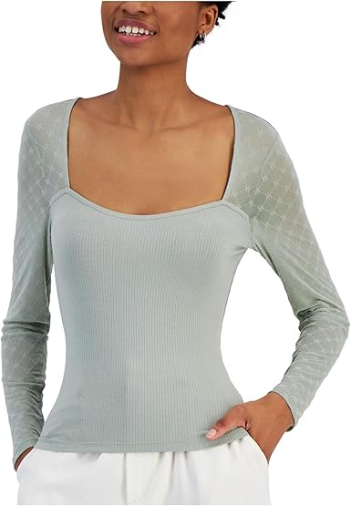 Crave Fame Women's Aqua Flocked Illusion Mesh Knit Blouse | Crave Fame In Lebanon
