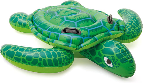 Green inflatable turtle pool float on a white background