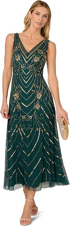 Adrianna Papell Women's Olive Green Beaded Mesh  Dress |  Adrianna Papell In Lebanon