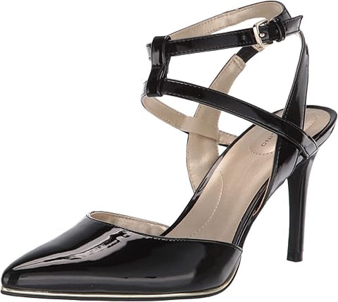 Black patent leather high-heeled sandal on a white background
