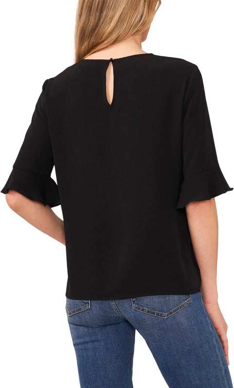 CeCe Women's Black Ruffle Cuff Crew Neck Blouse | CeCe In Lebanon