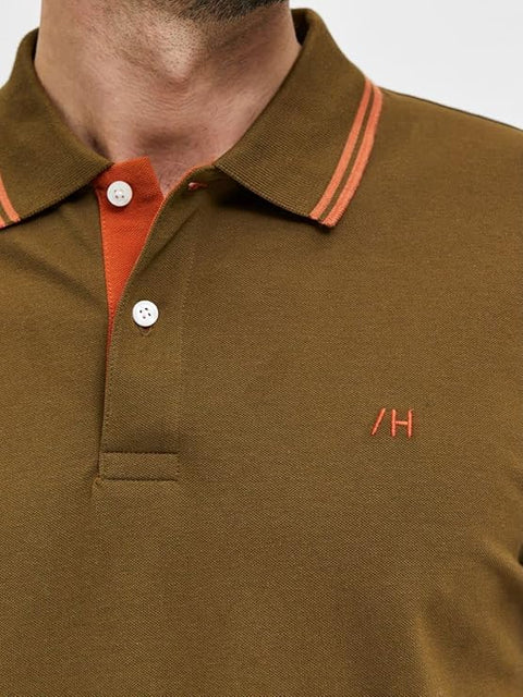 Selected Homme Men's Olive Brand Logo Embroidered Polo T-Shirt | Selected Homme In Lebanon