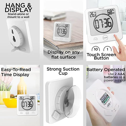 BALDR Digital Shower Clock with Timer - Waterproof Shower Timer for Kids and Adults - Bathroom Clock That Displays Time and Temperature - Battery Operated Digital Clock and Waterproof Timer - White AM185