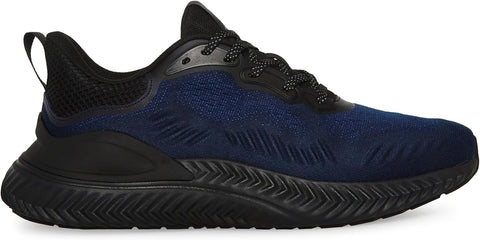 Blue athletic shoe with black sole on a white background