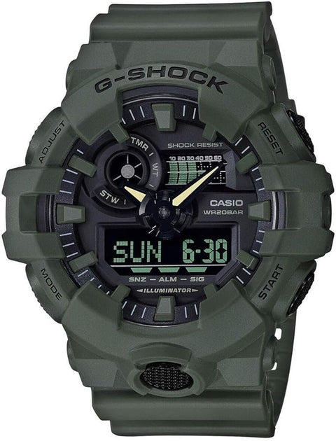Green Casio G-Shock watch on a white background