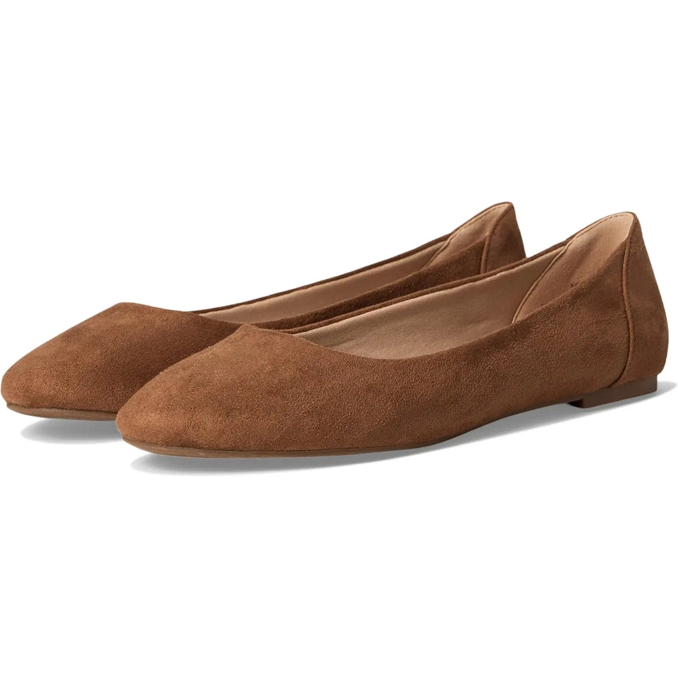 A pair of women's flat ballet flats in a warm brown suede-like material, shown from a three-quarters angle on a clean white background.
