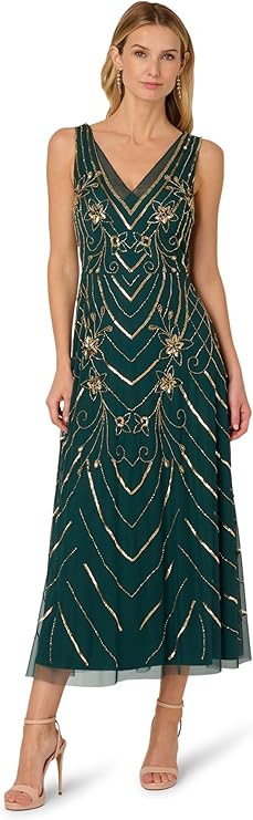 Adrianna Papell Women's Olive Green Beaded Mesh  Dress |  Adrianna Papell In Lebanon