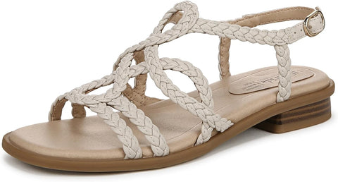 Beige sandal with braided straps on a white background