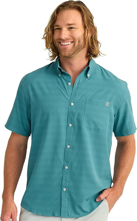 Huk Men's Blue Kona Solid Fishing Button Down Short Sleeve Shirt | Huk In Lebanon