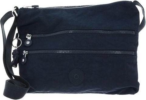 Navy blue crossbody bag with multiple zippers on a white background