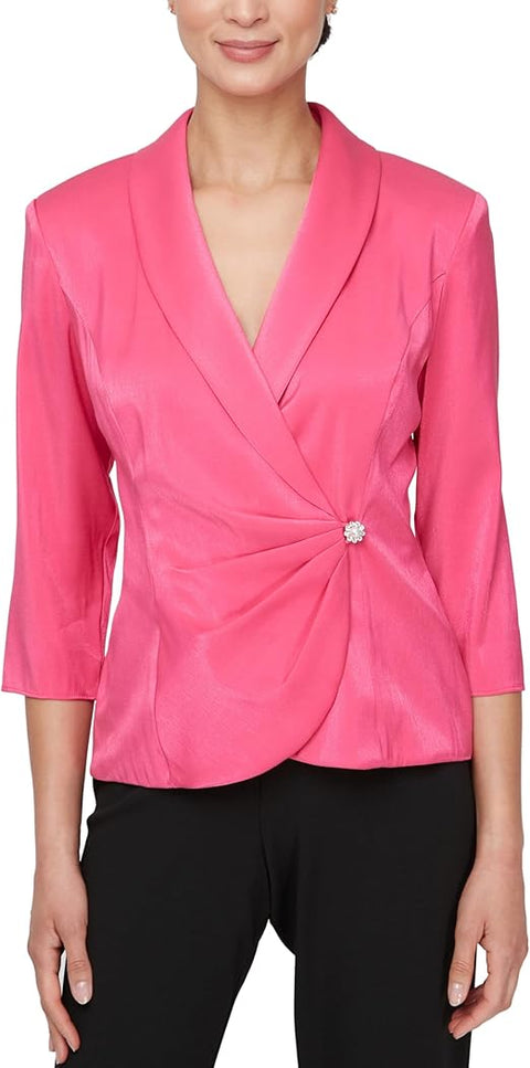 Alex Evenings Women's Fuchsia 3/4 Sleeve Surplice Neckline Stretch Shimmer Blouse  | Alex Evenings In Lebanon