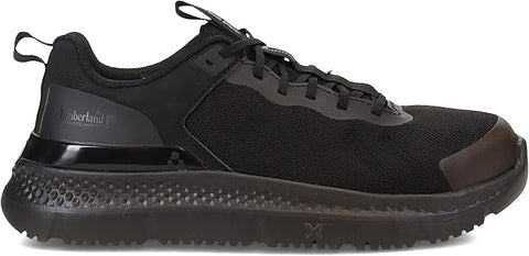 Black sneaker with a brand logo on a white background