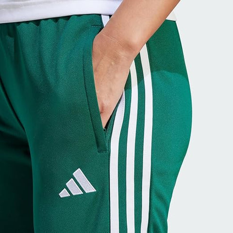 Green Adidas sports pants with white stripes and logo on a white background