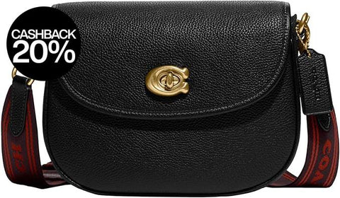 Black leather handbag with gold clasp and red strap on a white background