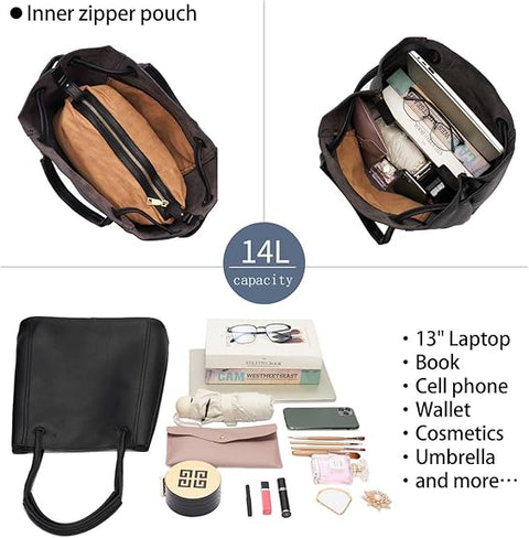 Black inner zipper pouch with capacity details and items it can hold.