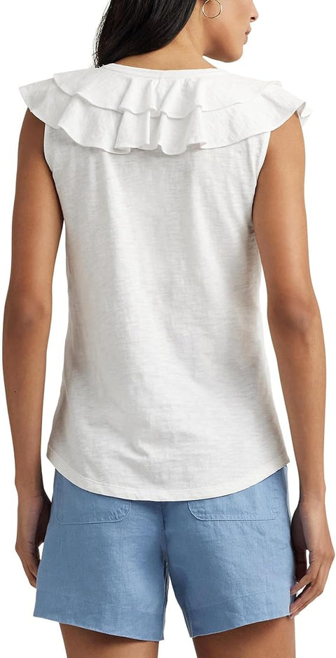 Lauren Ralph Lauren Women's White Ruffle-Trim Slub Jersey Sleeveless Blouse | Lauren Ralph Lauren In Lebanon