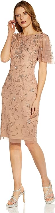 Adrianna Papell Women's Rose Gold Beaded Mesh Sheath Dress |  Adrianna Papell In Lebanon