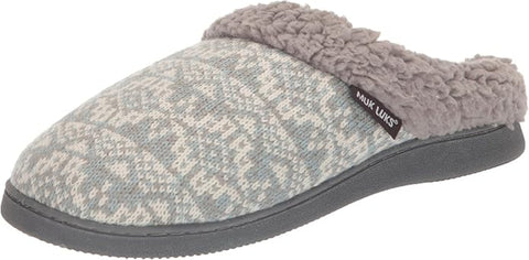 Gray patterned slipper with fuzzy lining on a white background