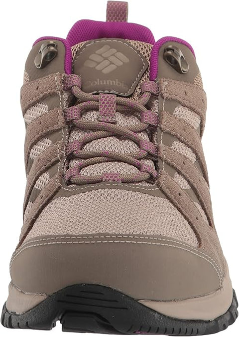 Brown hiking shoe with purple accents on a white background