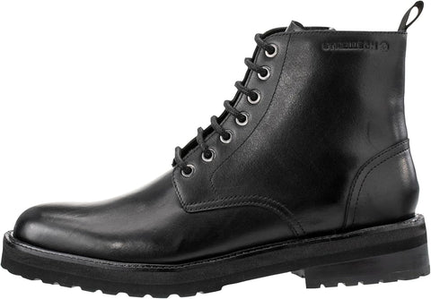 Black leather boot with laces on a white background