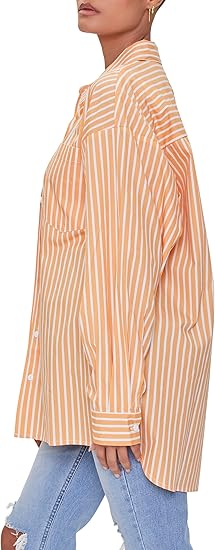 Forever 21 Women's Orange Striped Long Sleeve One Pocket Shirt  |Forever 21 In Lebanon9