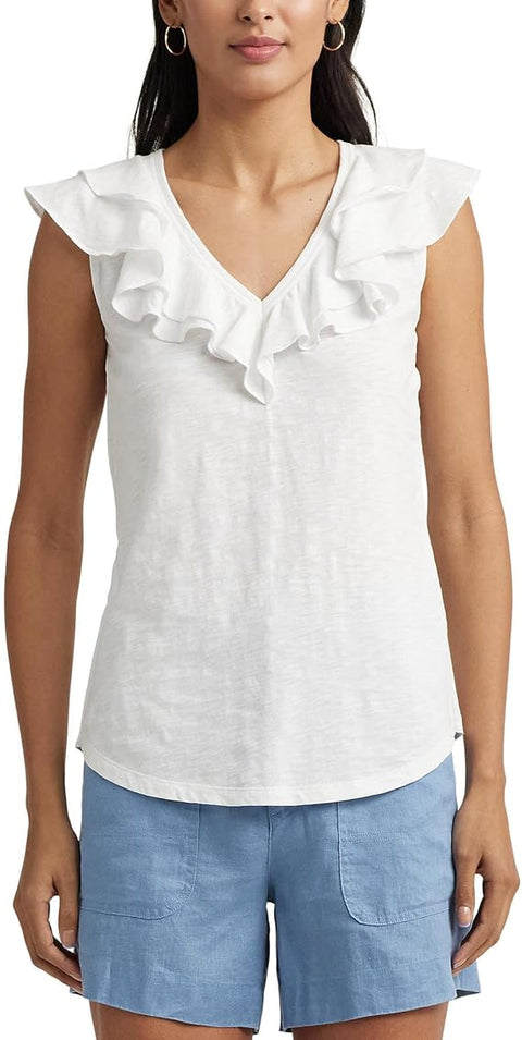 Lauren Ralph Lauren Women's White Ruffle-Trim Slub Jersey Sleeveless Blouse | Lauren Ralph Lauren In Lebanon