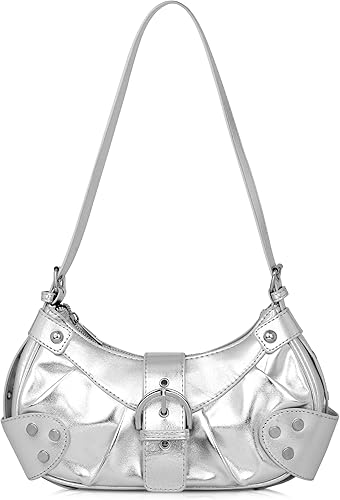 Silver handbag with a strap on a white background