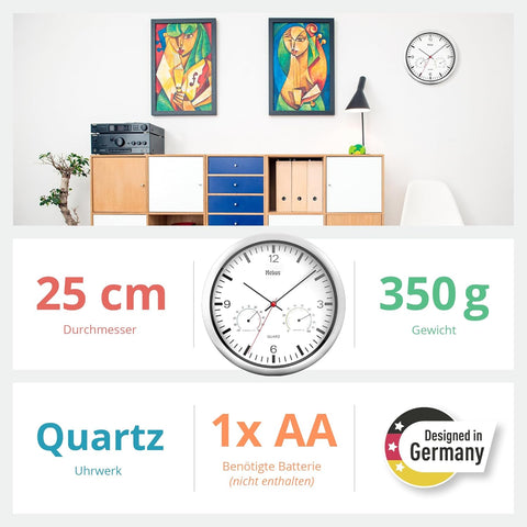 Mebus Silver, White Quartz Wall Clock With Thermometer And Hygrometer | Mebus In Lebanon