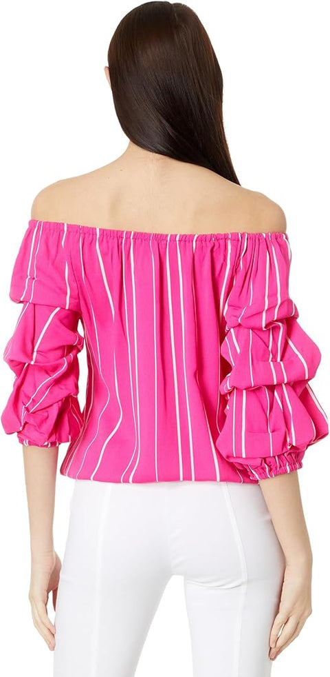 Vince Camuto Women's Fuchsia Bubble Sleeve Off Shoulder Crepe Stripe Blouse|Vince Camuto In Lebanon