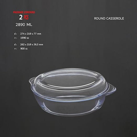 Round casserole with lid on a dark background with product details.