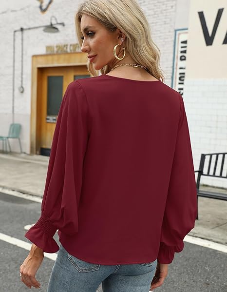 Vince Camuto Women's Burgundy V-Neck Blouson Sleeve Blouse |Vince Camuto In Lebanon