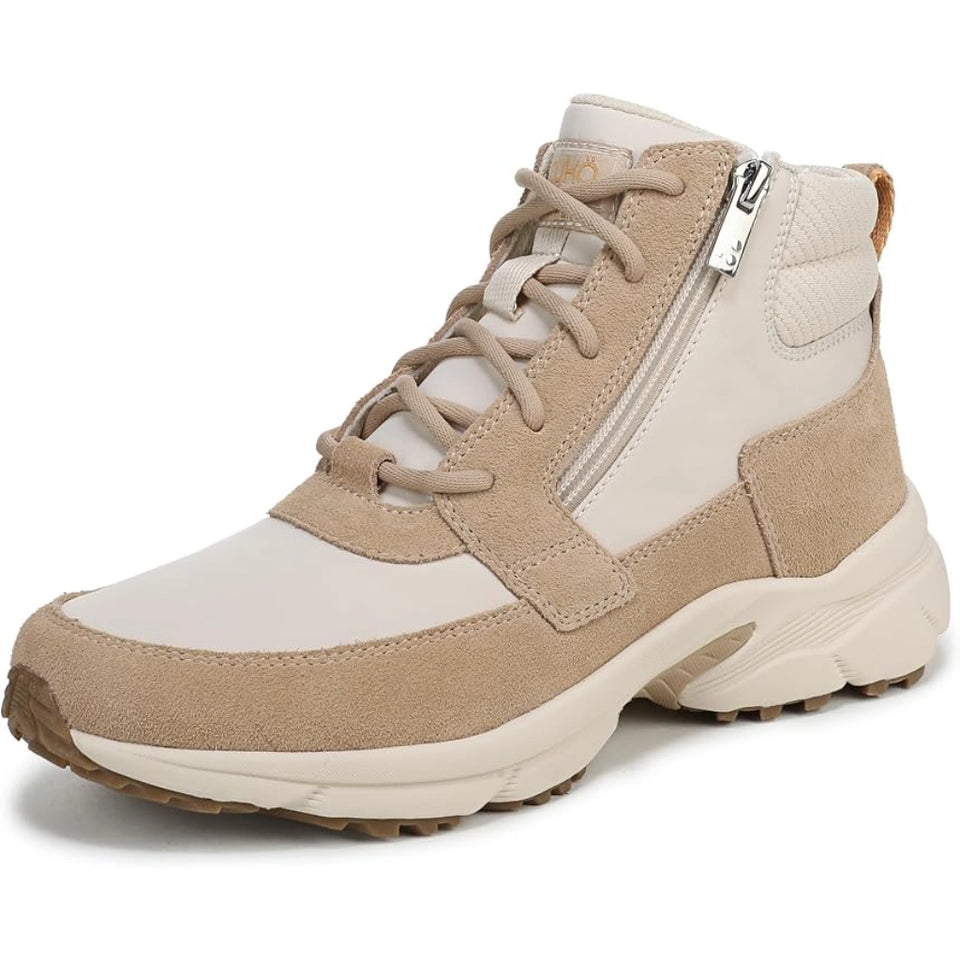 A mid-height lace-up sneaker boot in beige and off-white, featuring a side zipper, thick textured sole, and laces, shown on a white background.