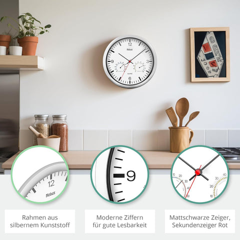 Mebus Silver, White Quartz Wall Clock With Thermometer And Hygrometer | Mebus In Lebanon