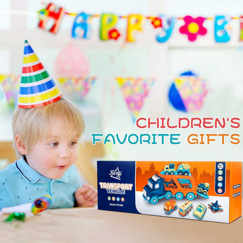 Child wearing a party hat with a toy vehicle set box in front, against a colorful birthday background.