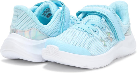 Light blue children's sneakers with a brand logo on a white background