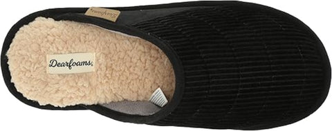 Black slipper with beige interior and Dearfoams label
