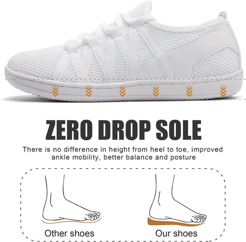 White athletic shoe with text highlighting zero drop sole benefits on a white background