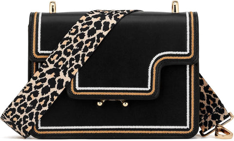 Black handbag with leopard print strap on a white background