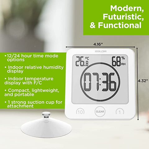 BALDR Digital Shower Clock with Timer - Waterproof Shower Timer for Kids and Adults - Bathroom Clock That Displays Time and Temperature - Battery Operated Digital Clock and Waterproof Timer - White AM185